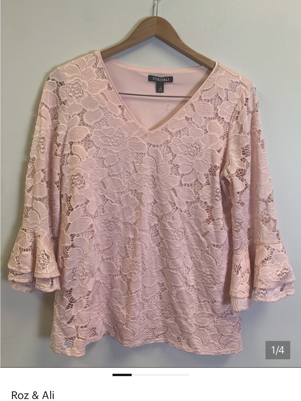 Roz & Ali Light Pink Floral Lace V-Neck Blouse with Flared Sleeves